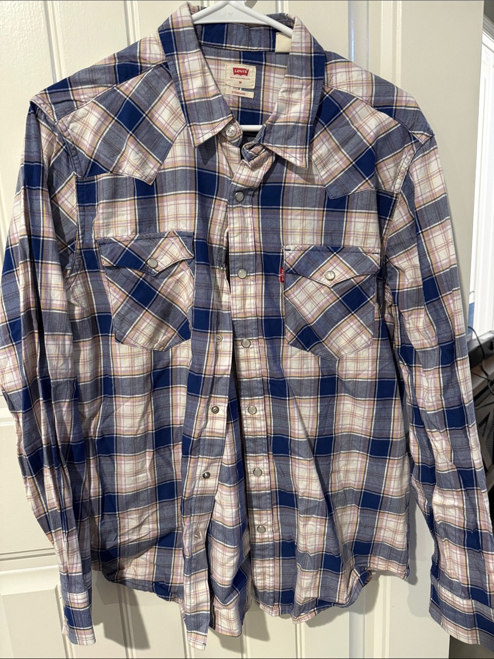 Levi's Men's Navy, Cream, and pink Plaid Button-Down Shirt